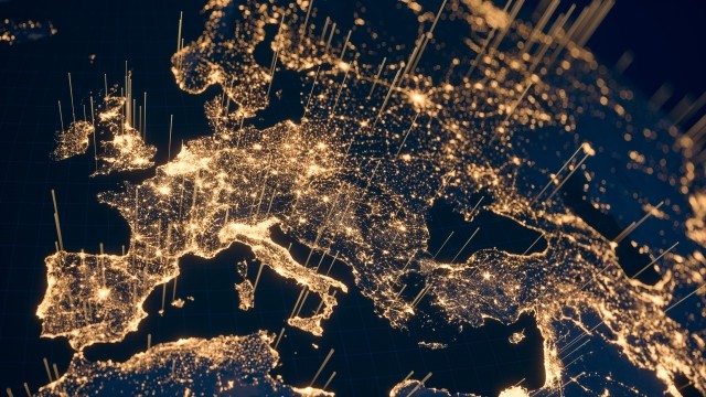 satellite view of europe, lit up with internet connections
